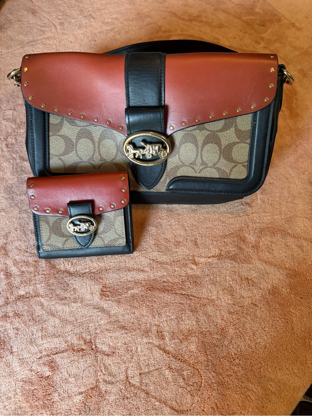 Coach Two-Tone Signature Saddle Bag and Matching Wallet in Brown and Rust